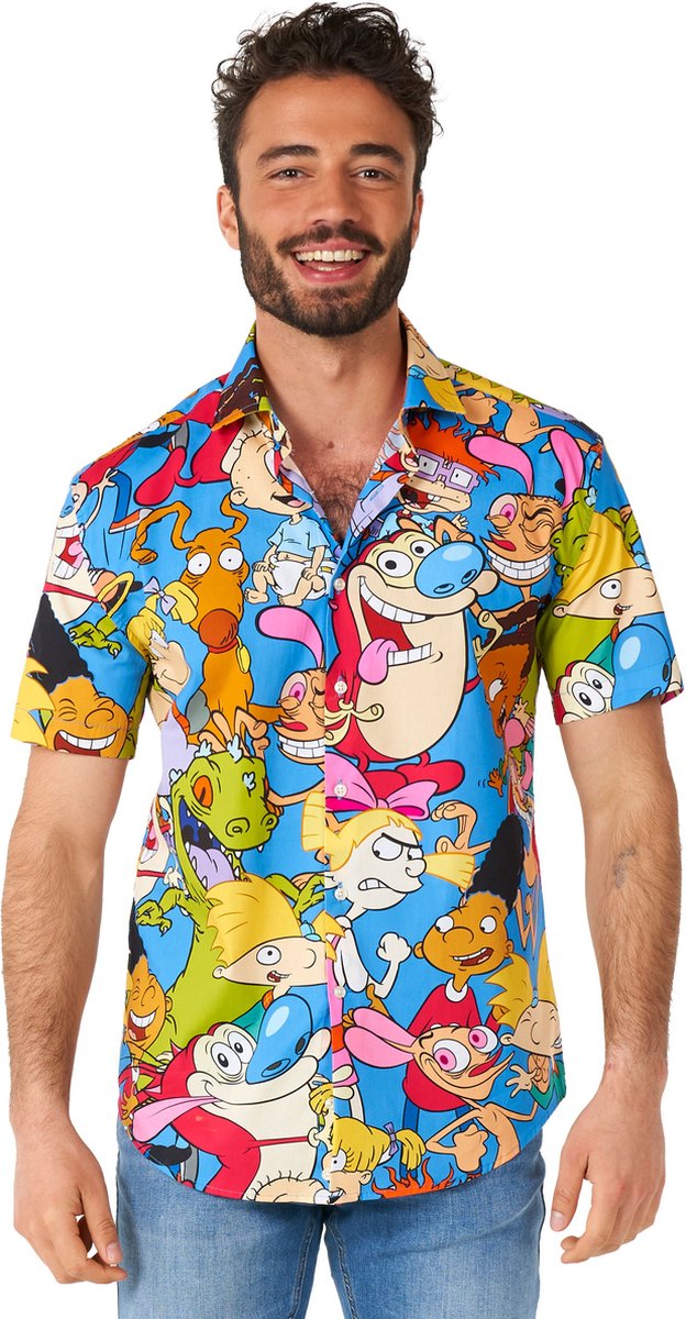 OppoSuits SHIRT Short Sleeve Nickelodeon™ Cartoons - Heren Korte Mouwen Overhemd - 90s Casual Shirt Nick Toons - Carnavalskleding - Meerkleurig - Maat EU 35/36