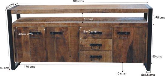 Robust - Buffet - 3 tiroirs - 3 portes - 1 niche - bois de manguier naturel - acier