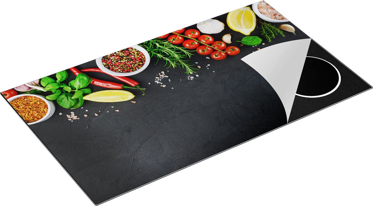 Chefcare Inductie Beschermer Kruiden met Groenten op een Zwarte Plaat - 90x55 cm - Afdekplaat Inductie - Kookplaat Beschermer - Inductie Mat