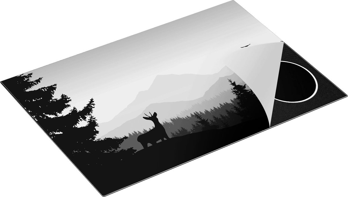 Chefcare Inductie Beschermer Hert in het Bos - Silhouet - Zwart Wit - 77x51 cm - Afdekplaat Inductie - Kookplaat Beschermer - Inductie Mat