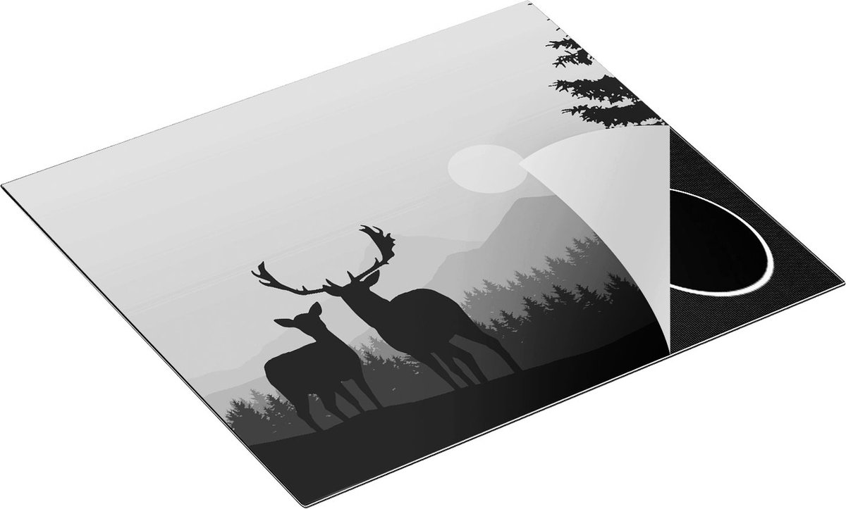 Chefcare Inductie Beschermer Twee Herten - Zonsondergang - Silhouet - Zwart Wit - 58,3x51,3 cm - Afdekplaat Inductie - Kookplaat Beschermer - Inductie Mat