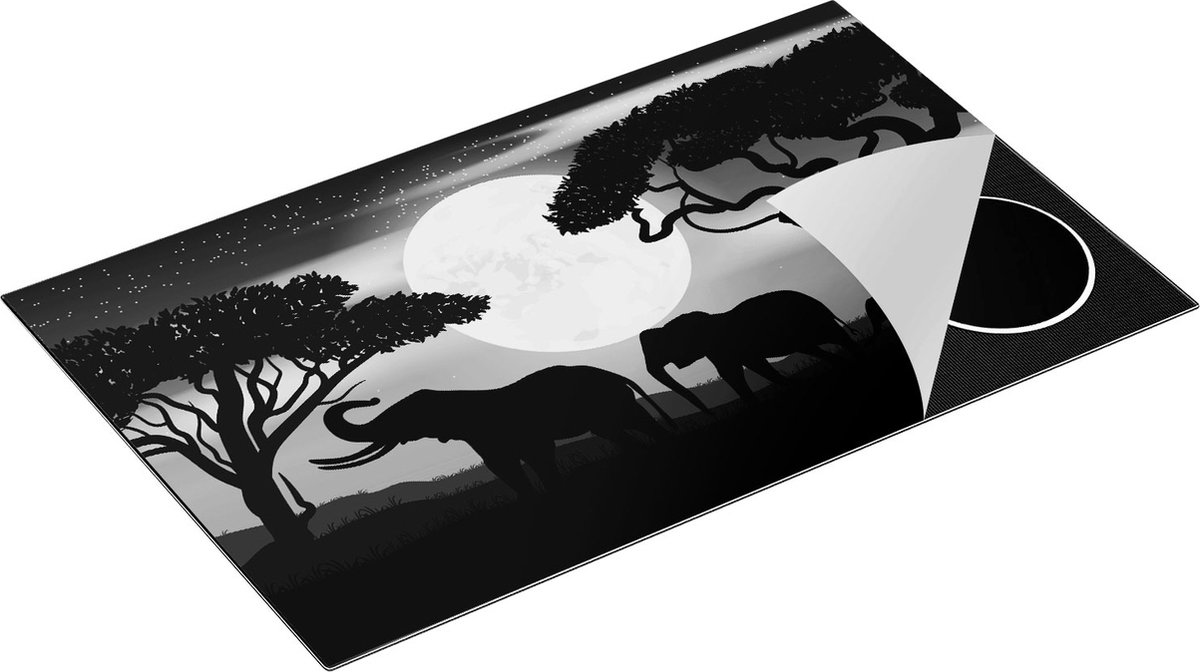 Chefcare Inductie Beschermer Olifanten Silhouet tijdens Volle Maan - Zwart Wit - 85x55 cm - Afdekplaat Inductie - Kookplaat Beschermer - Inductie Mat