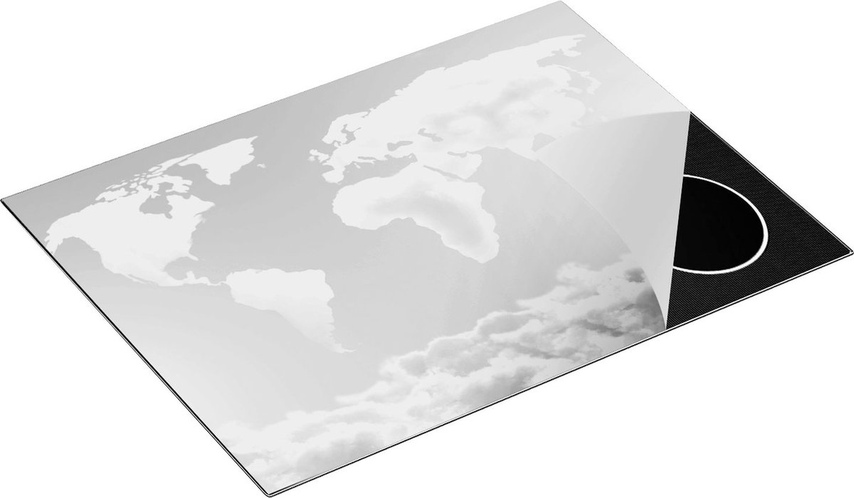 Chefcare Inductie Beschermer Wereldkaart Gemaakt van Wolken - Zwart Wit - 71x52 cm - Afdekplaat Inductie - Kookplaat Beschermer - Inductie Mat