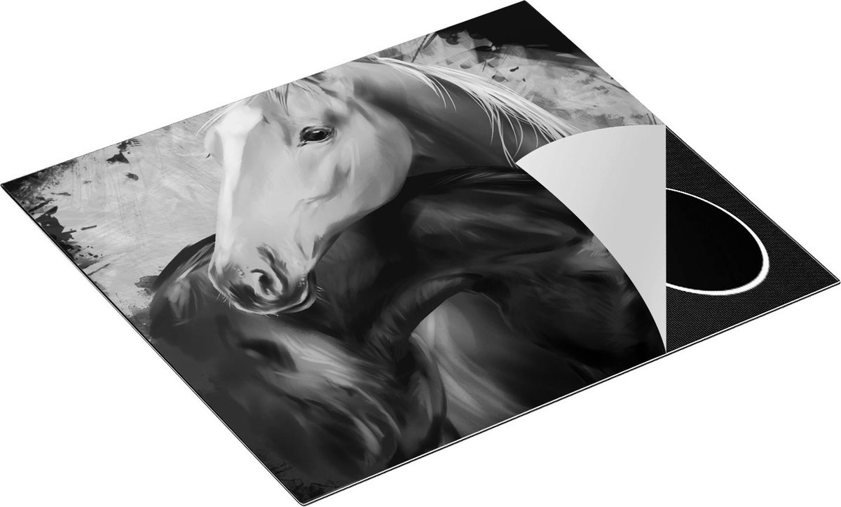 Chefcare Inductie Beschermer Twee Getekende Knuffelende Paarden - Abstract - Zwart Wit - 60x55 cm - Afdekplaat Inductie - Kookplaat Beschermer - Inductie Mat