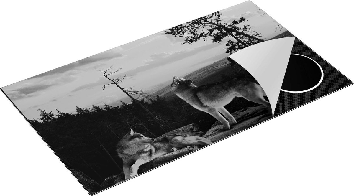 Chefcare Inductie Beschermer Drie Wolven op een Rots in het Bos - Zwart Wit - 90x50 cm - Afdekplaat Inductie - Kookplaat Beschermer - Inductie Mat
