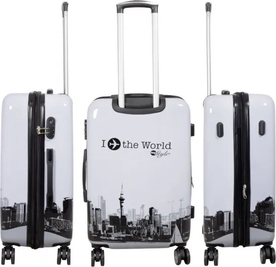 Travelsuitcase - Koffer Fly the World - Reiskoffer met cijferslot - Polycarbonaat - Wit - Maat M ca 67x46x27 cm