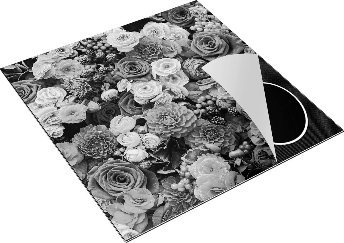 Chefcare Inductie Beschermer Rode en Roze Bloemen met Fruit - Abstract - Zwart Wit - 78x78 cm - Afdekplaat Inductie - Kookplaat Beschermer - Inductie Mat