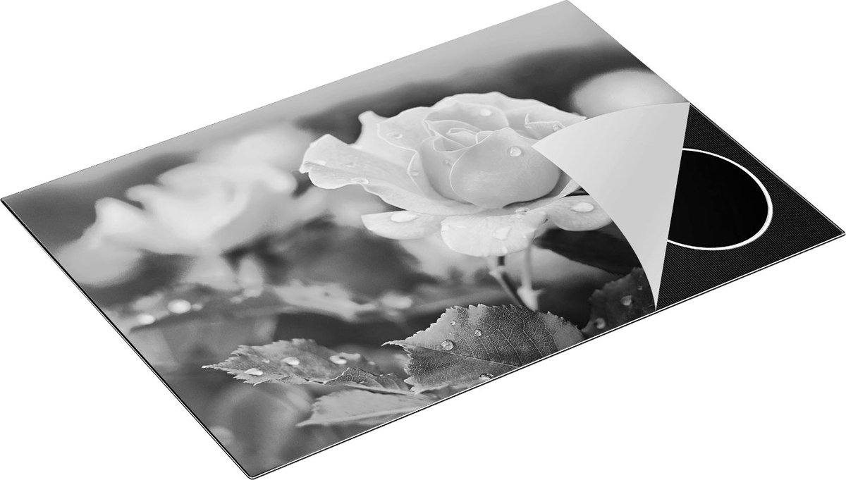 Chefcare Inductie Beschermer Roze Roos met Waterdruppels - Zwart Wit - 77x51 cm - Afdekplaat Inductie - Kookplaat Beschermer - Inductie Mat