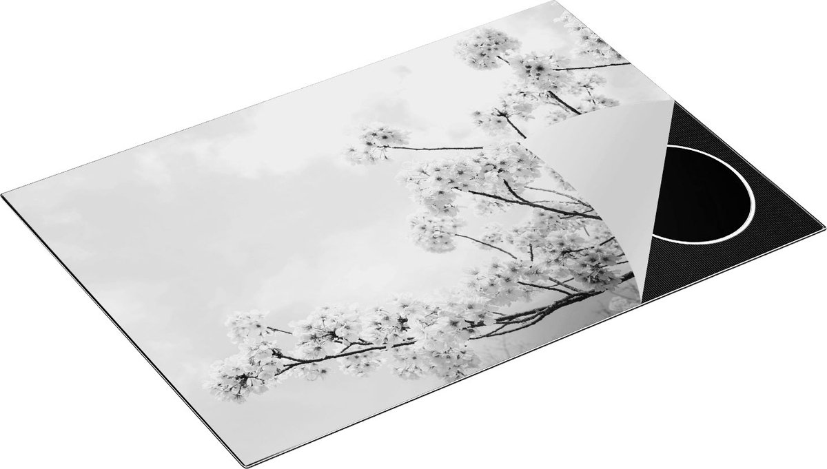 Chefcare Inductie Beschermer Roze Bloesemboom - Bloemen - Zwart Wit - 75x52 cm - Afdekplaat Inductie - Kookplaat Beschermer - Inductie Mat