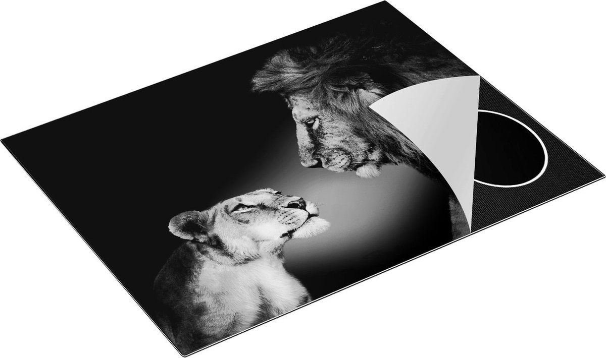 Chefcare Inductie Beschermer Leeuw en Leeuwin - Kleur - Zwart Wit - 77x59 cm - Afdekplaat Inductie - Kookplaat Beschermer - Inductie Mat