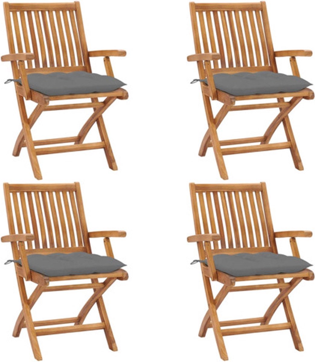 vidaXL - Tuinstoelen - 4 - st - inklapbaar - met - kussens - massief - teakhout