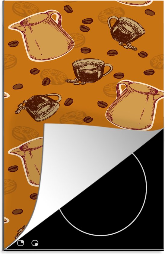 Oranje kookplaatbeschermer met een koffiepatroon, gedeeltelijk op een inductiekookplaat.