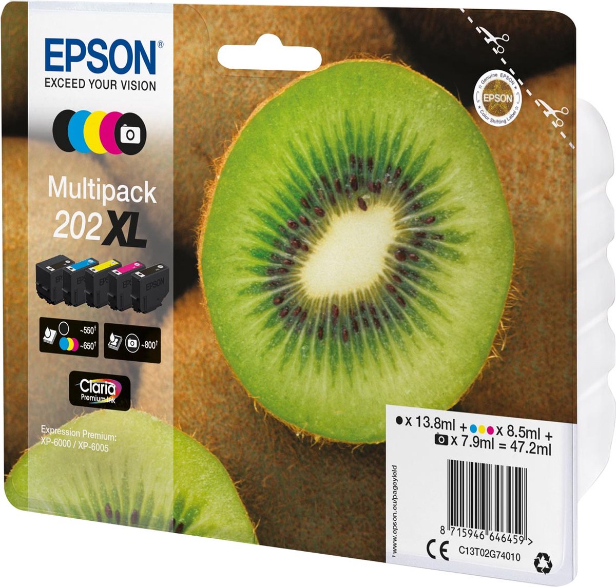 Epson inktcartridge 202XL, 550 - 800 pagina's, OEM C13T02G74010, 5 kleuren 5 stuks