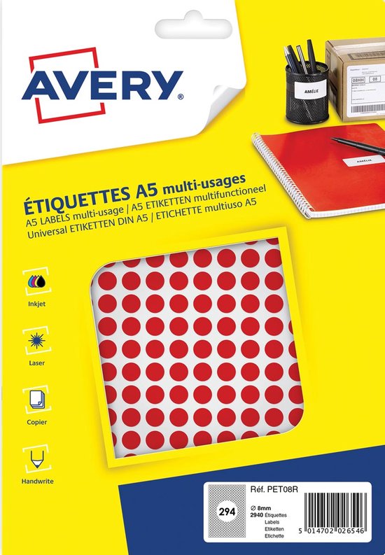 Étiquettes Avery A5 multi-usages, 8mm rond, rouge.