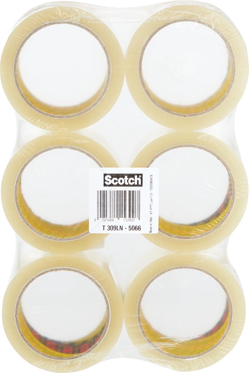 Scotch geluidsarme verpakkingstape, ft 50 mm x 66 m, transparant, pak van 6 rollen 6 stuks
