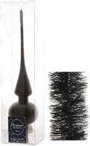 Kerstversiering glazen piek mat 26 cm en folieslingers pakket zwart van 3x stuks - Kerstboomversiering