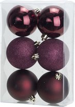 6x Boules de Noël en plastique rose aubergine 8 cm - Mat / brillant / paillettes - Boules de Noël en plastique incassables - Décorations pour Décorations pour sapins de Noël rose aubergine