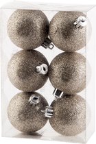 6x boules de Noël en plastique pailletées champagne 6 cm - Boules de Noël incassables - Décorations de Noël