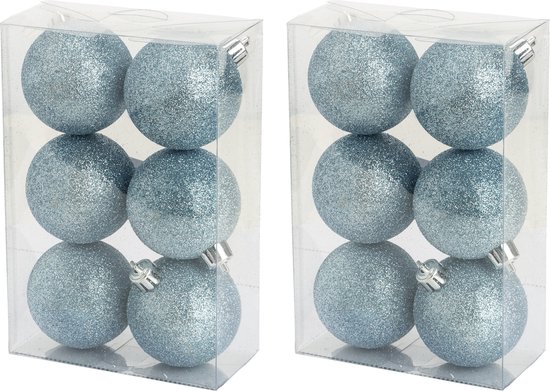 12x stuks kunststof glitter kerstballen ijsblauw 6 cm – Onbreekbare kerstballen – Kerstversiering