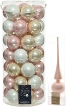 49x stuks glazen kerstballen lichtroze/parel/wit 6 cm inclusief lichtroze piek - Kerstversiering/boomversiering