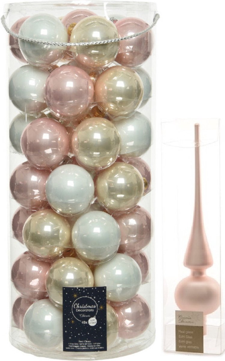 49x stuks glazen kerstballen lichtroze/parel/wit 6 cm inclusief lichtroze piek - Kerstversiering/boomversiering