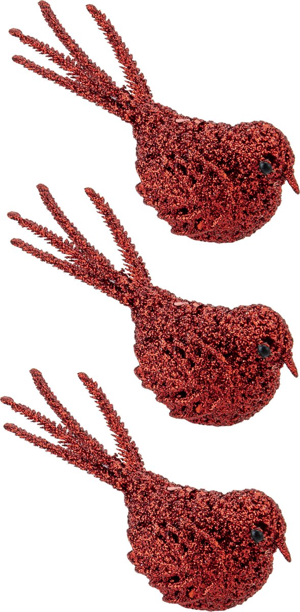 3x stuks decoratie vogels op clip glitter rood 16 cm - Decoratievogeltjes/kerstboomversiering/bruiloftversiering