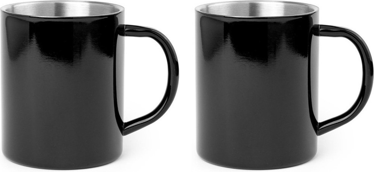Luxe drinkbeker/koffiemok - 12x stuks - metallic zwart - 280 ml - RVS - glitter and glamour