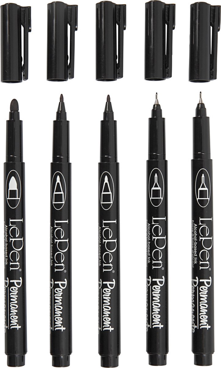 Permanente Handlettering Stiften Zwart 5 Stuks - 3 maten 2x0,6 2x0,8 1x1,3mm