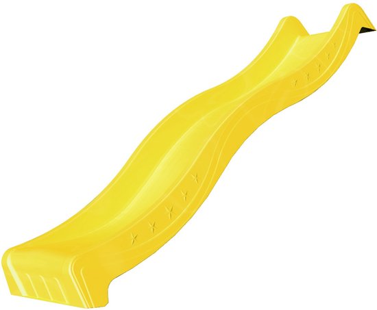 Gele glijbaan met golvend oppervlak en sterrenpatroon, op een witte achtergrond.