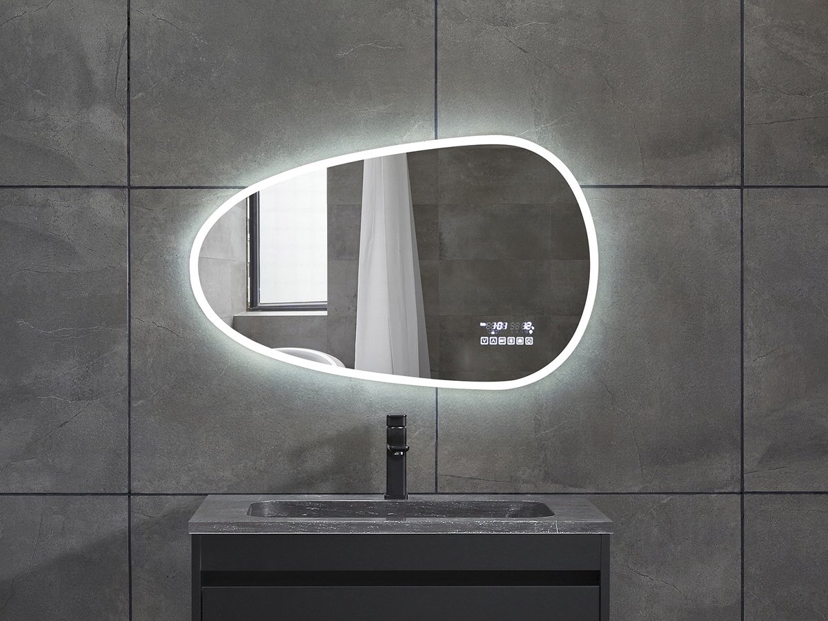 Mawialux LED Badkamerspiegel - Bluetooth en speakers - 80x50cm - Asymmetrisch - Verwarming - Touchscreen - Dimbaar - Ana PLUS