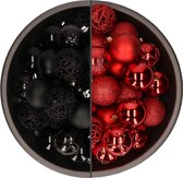 74x stuks kunststof kerstballen mix rood en zwart 6 cm - Onbreekbare kerstballen - Kerstversiering