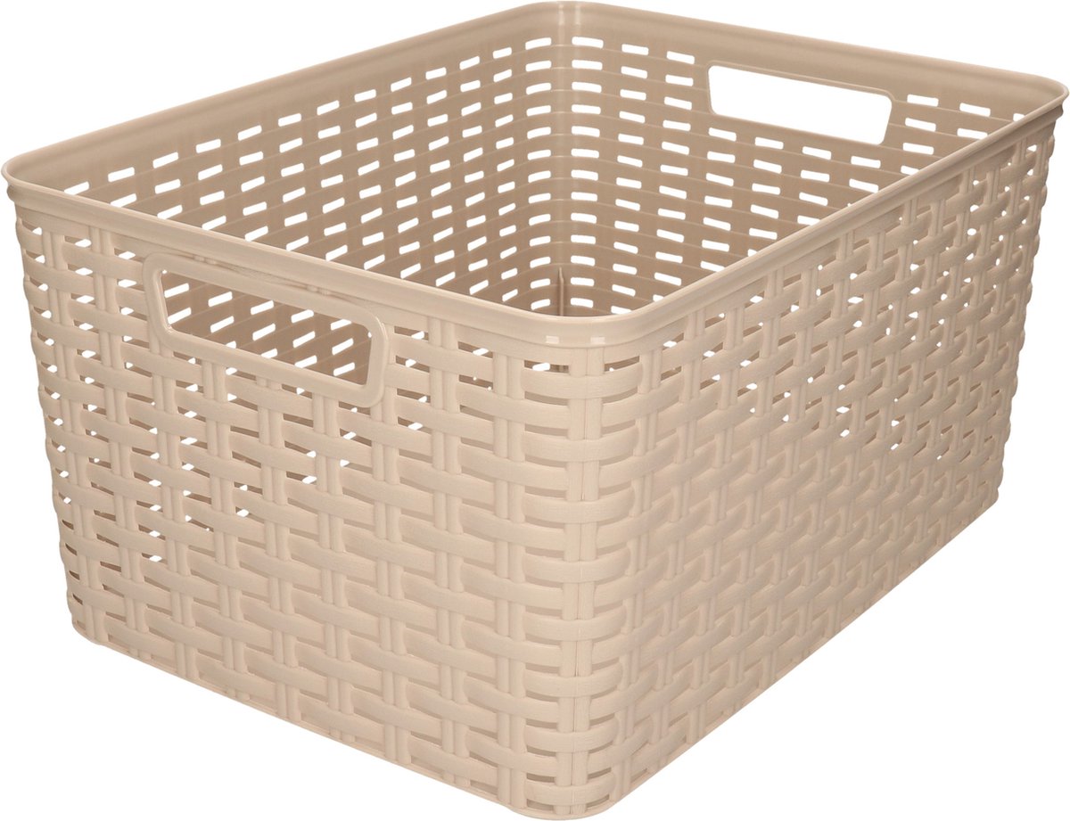Rotan gevlochten opbergmand/opbergbox kunststof - taupe - 38 x 28 x 19 cm - Kast mandjes