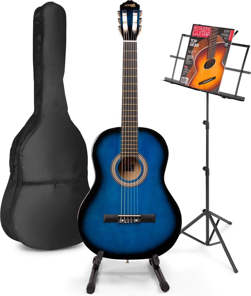 Akoestische gitaar voor beginners - MAX SoloArt klassieke gitaar / Spaanse gitaar met o.a. 39'' gitaar, gitaar standaard, muziekstandaard, gitaartas, gitaar stemapparaat en extra accessoires - Blauw