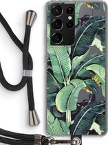 Case Company® - Hoesje met koord geschikt voor Samsung Galaxy S21 Ultra hoesje met Koord - Bananenbladeren - Telefoonhoesje met Zwart Koord - Bescherming aan alle Kanten en Over de Schermrand