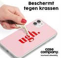Coque de téléphone rose avec le texte rouge 'ugh.', protégée contre les rayures par une clé.