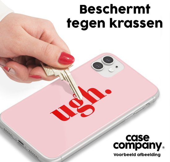 Coque de téléphone rose avec le texte rouge 'ugh.', protégée contre les rayures par une clé.