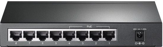 Zwarte TP-Link TL-SG1008P netwerkswitch met 8 poorten, inclusief 4 PoE poorten.
