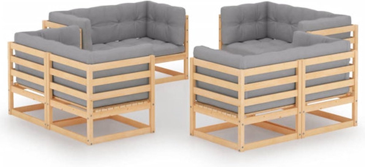 vidaXL 8-delige - Loungeset - met - kussens - massief - grenenhout Naturel