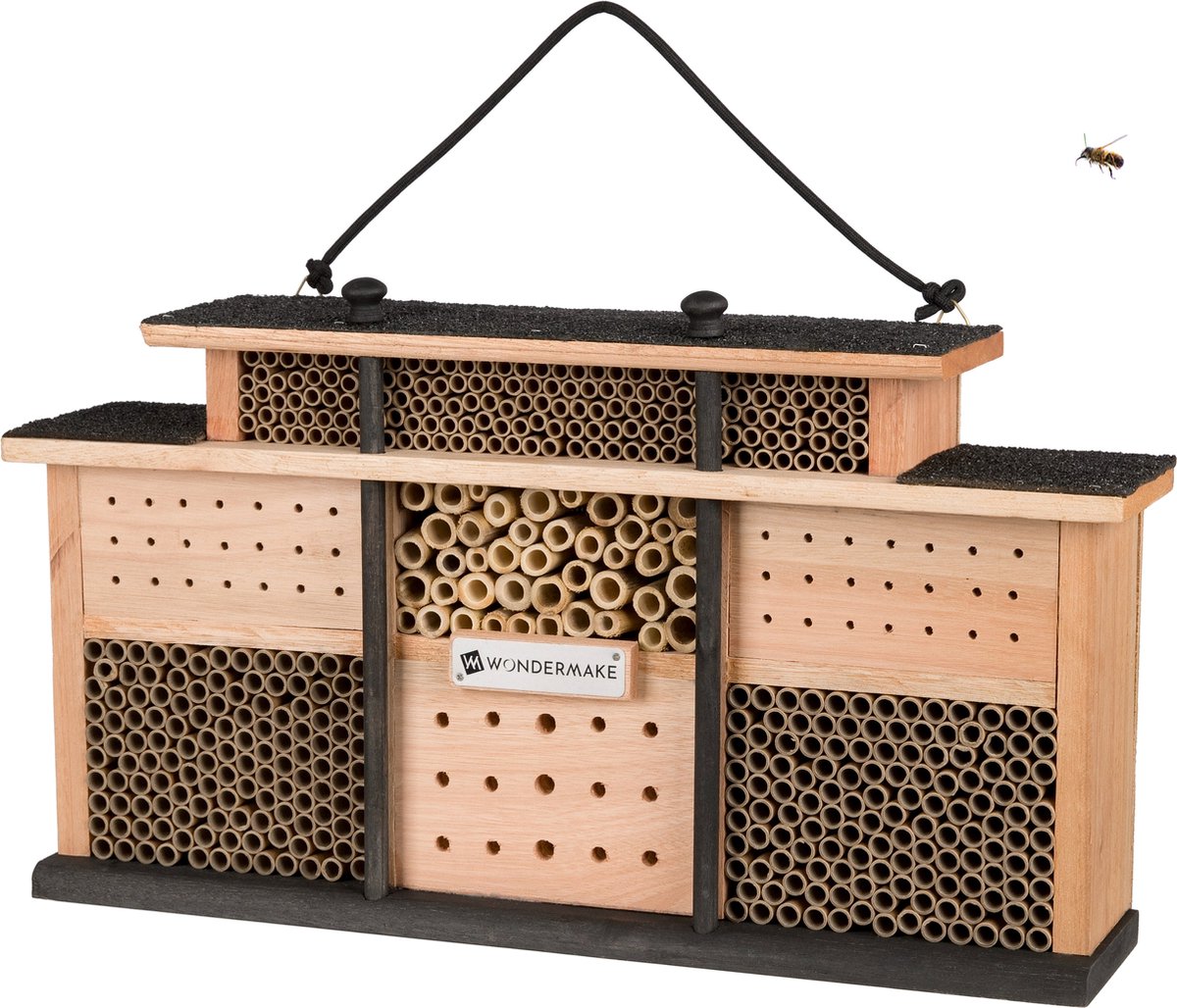 WONDERMAKE® design houten insectenhotel met 7 kamers en terras, bijenhotel groot hangend nesthulpmiddel voor wilde bijen, 48 x 10,5 x 27 cm, bruin zwart