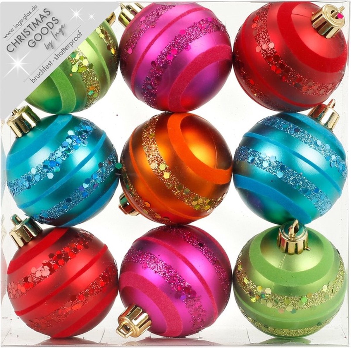 Inge Christmas Kerstballen - 9x - gekleurd - 6 cm - kunststof - glitter motief - kerstversiering - onbreekbare kerstballen