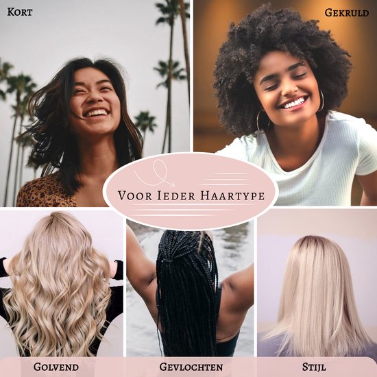 Meerdere collagebeelden die verschillende haartypes tonen: kort, krullend, golvend, gevlochten en stijl. De tekst luidt 'Voor ieder haartype'.