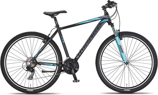 Zwart mountainbike met turquoise accenten op het frame en de voorvork.
