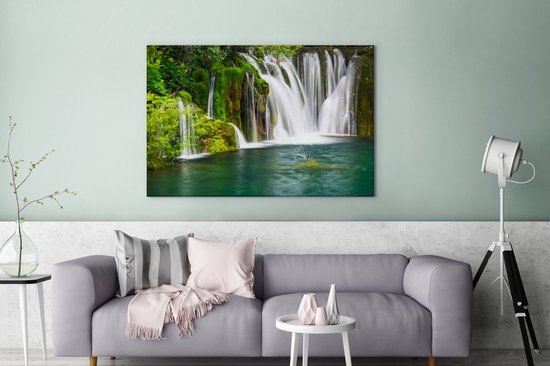 Canvas schilderij 140x90 cm - Wanddecoratie Verschillende watervallen bij het Nationaal park Erawan in Thailand - Muurdecoratie woonkamer - Slaapkamer decoratie - Kamer accessoires - Schilderijen