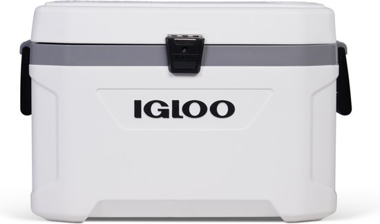 Witte Igloo koelbox met grijze band en zwarte gesp.