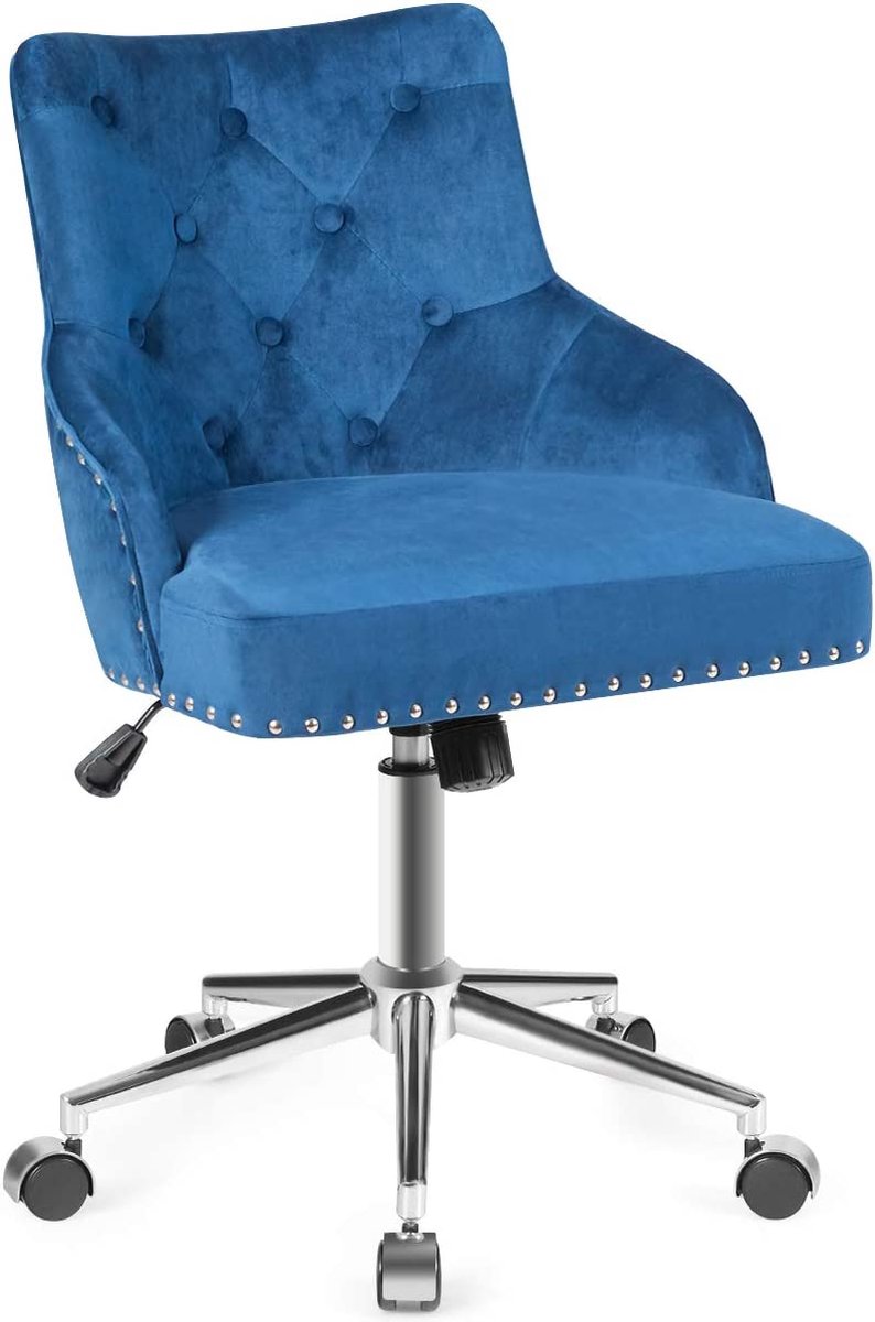 LIVINGSIGNS gestoffeerde bureaustoel, in hoogte verstelbare draaistoel, fauteuil met fluwelen accent, 360 ° draaibare receptiestoel, verstelbare bureaustoel voor woonkamer, slaapkamer, studeerkamer (blauw)