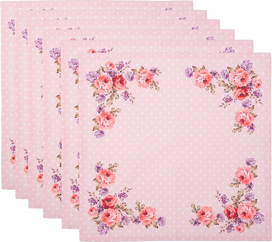 Clayre & Eef Serviettes Coton set de 6 40x40 cm Rose Violet Coton Carré Roses Serviette Tissu