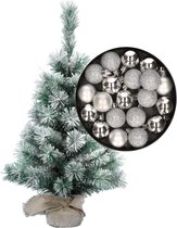 Besneeuwde mini kerstboom/kunst kerstboom 35 cm met kerstballen zilver - Kerstversiering