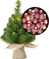 Mini sapin de Noël/sapin artificiel avec éclairage 45 cm et boules de Noël incluses rose - Décorations de Noël