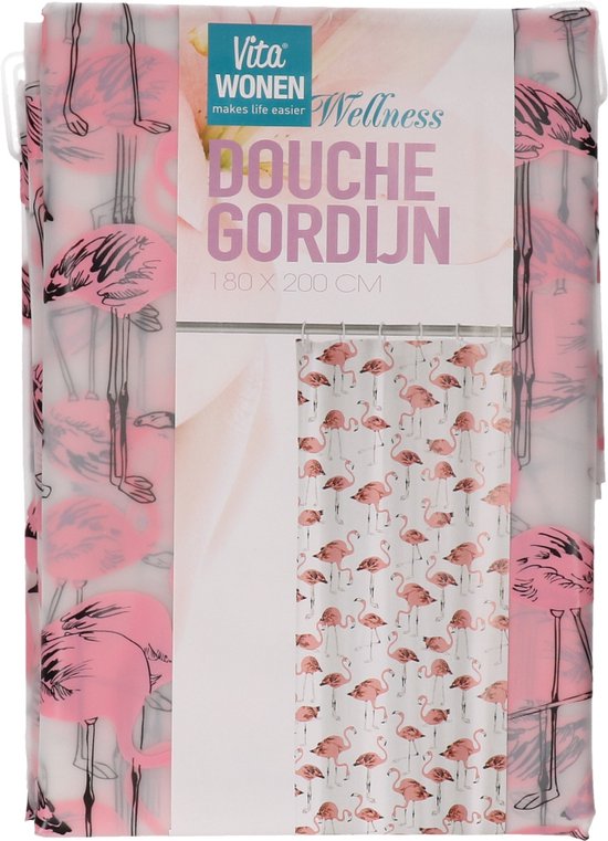 Flamingo Douchegordijn 180 x 200 cm Wit/Roze Inclusief Gratis