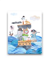 Schilderij  Piraten beertje konijn olifant en dino op de boot licht - piraten thema / Dieren / 50x40cm